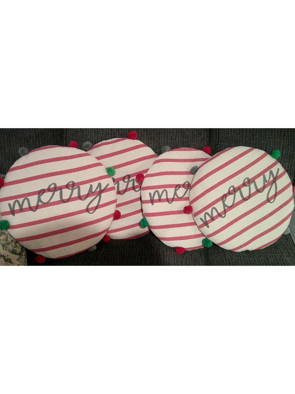 (4) Pier One - Holiday Festive Seat Cushions "Merry" Red & White Pompoms